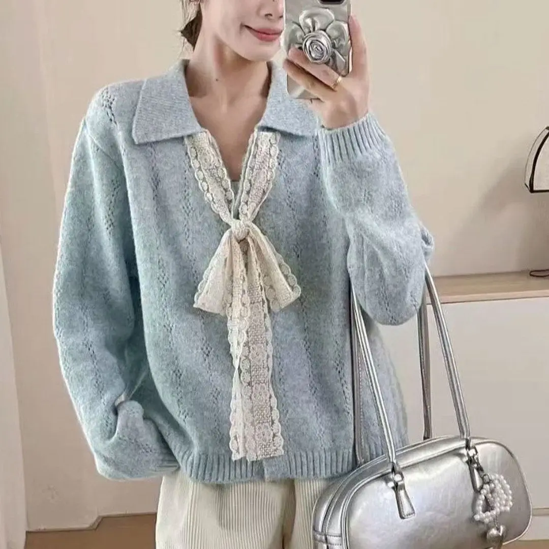 甘いスタイルのレースタイニットセーターコート2025新作秋長袖ラペルカーディガンセーターファッションルーズカーディガンジャケット
