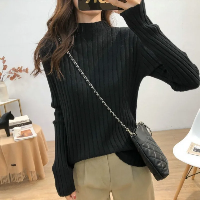 Trendy Semi-High Collar Knitwear Long Sve Loose Women's Inner Wear Base irt Top for Autumn Winter Versatile Faionable