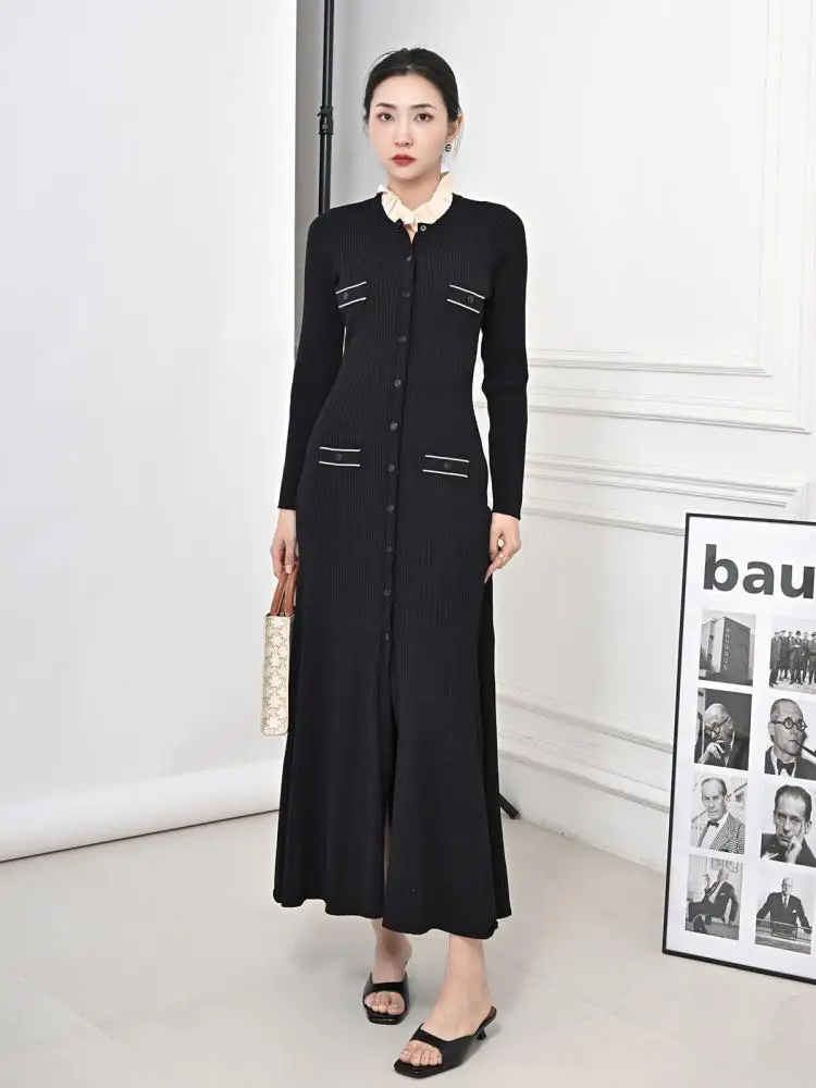 

Black Knitted For Women Maxi Dress Ruffled Long Sleeve Single Breasted Fashion Elegant Luxury Vintage Dresses Autumn Winter 2024