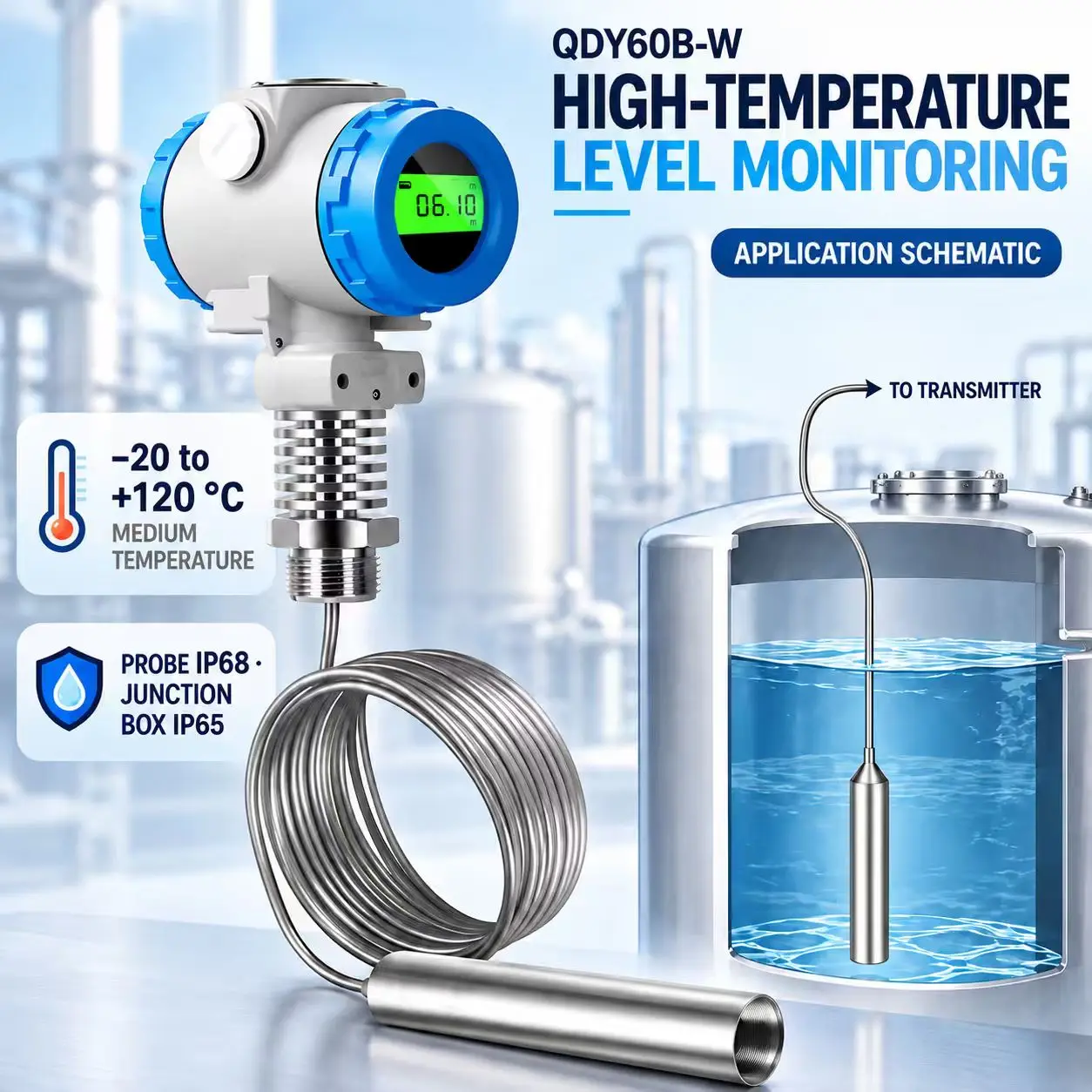 Acid Alkali Resistant Submersible Liquid Level Transmitter 0-5M Range 4-20mA RS485 High Temperature Water Level Sensor