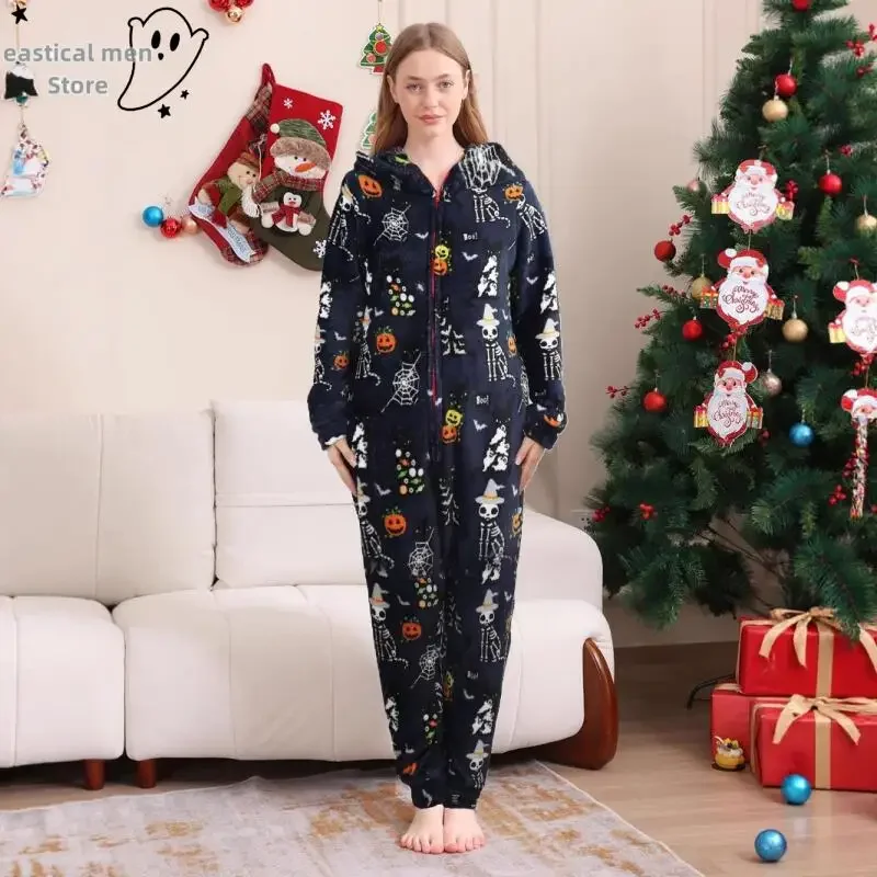 

Женская одежда для сна с капюшоном для рождественской вечеринки, пижамы с 3D принтом, фланелевые комбинезоны, домашняя одежда для Хэллоуина, трансграничная одежда для дома