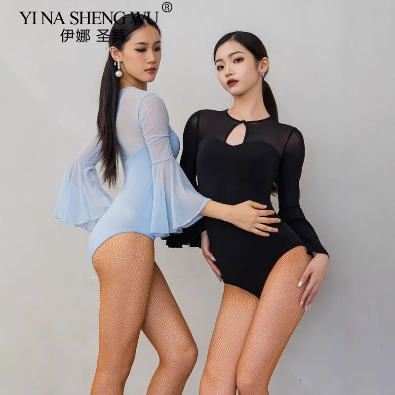 여성용 라틴 댄스 탑 국가 표준 라틴 댄스 연습 대회 플레어 슬리브 점프수트 룸바 차차 공연 탑