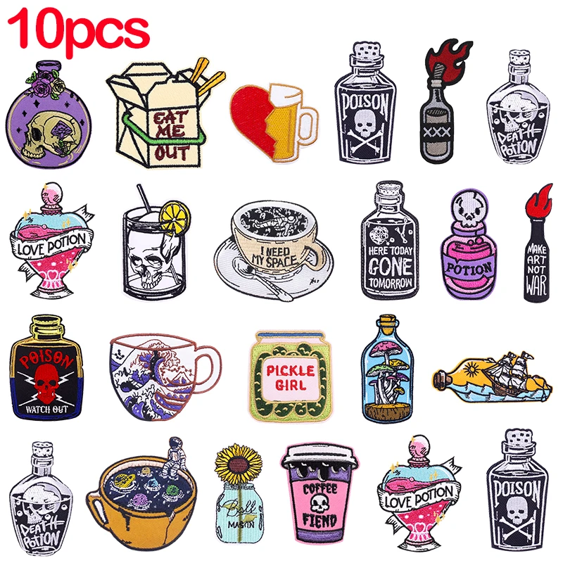 10 Stück Großhandel Punk Cup Bestickte DIY Liebesgetränk Aufbügel-Patches für Kleidung, Jacken, Hüte, Aufnäher, Abzeichen, Dekoration