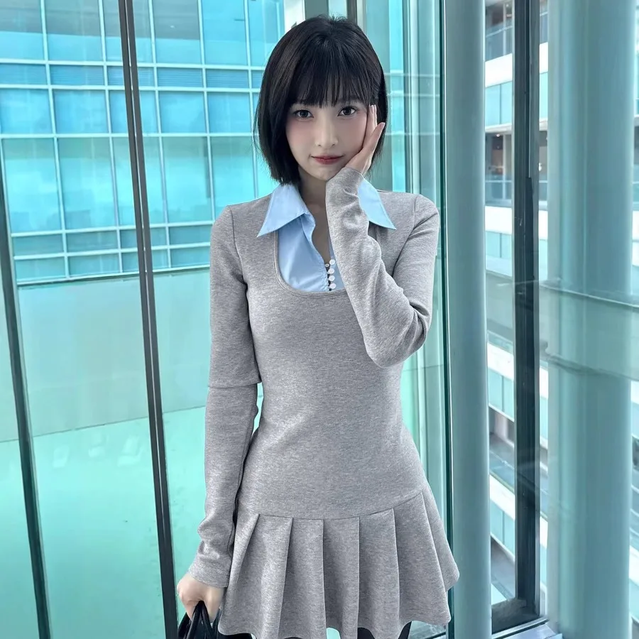 

【New style】Preppy style, fake, two-piece pleated dress, sweet girly style, slim, long-sleeved dress, women