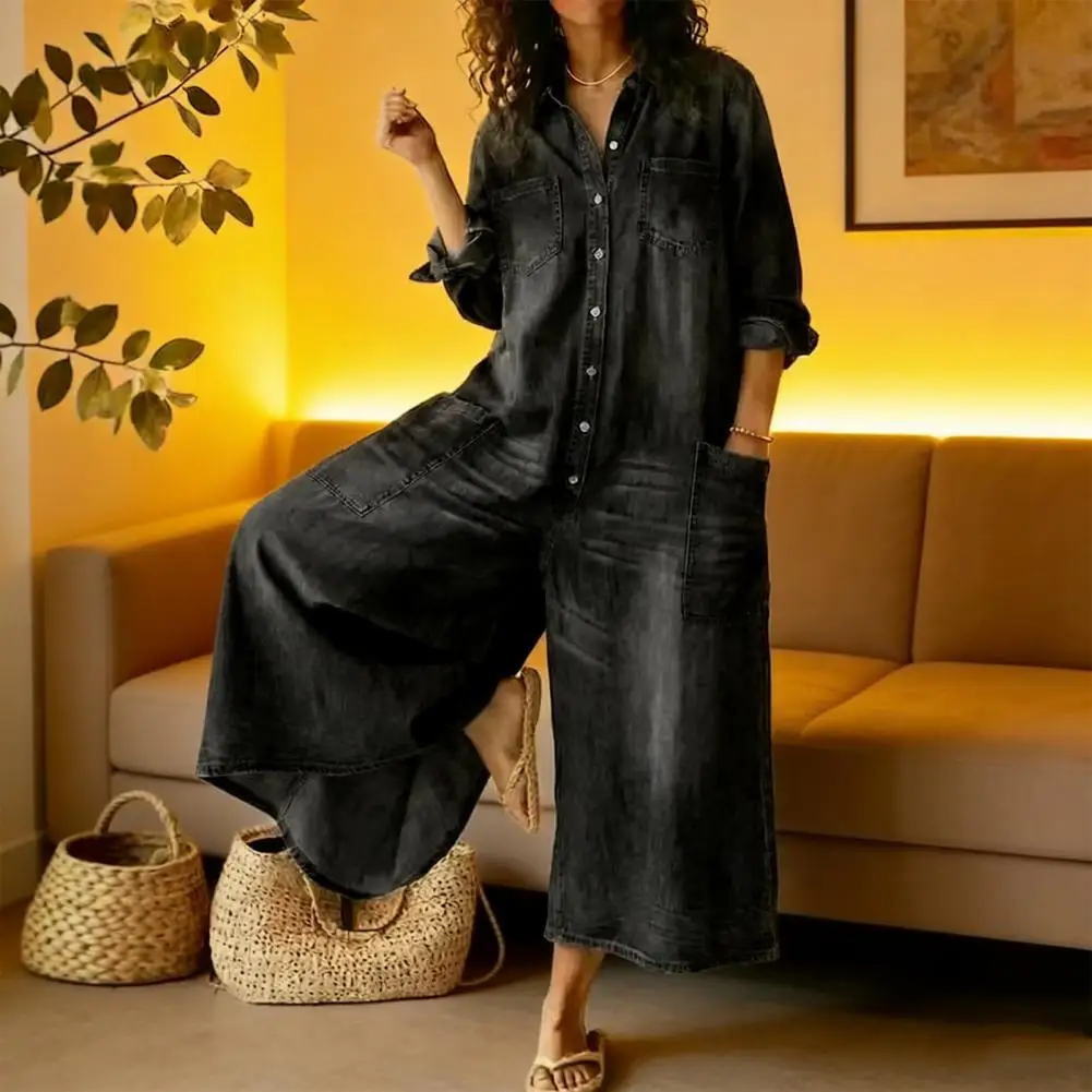 

Women's Casual Denim Jumpsuit Long Sleeve Button Front Long Jeans Romper One Piece Wide Leg Overalls Travel Loungewear