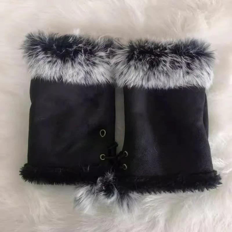 قفازات كلاسيكية من القطيفة الصناعية بدون أصابع من الجلد الأبيض قفازات مطاطية ناعمة للنساء والفتيات ملحقات قفازات شتوية سميكة ودافئة