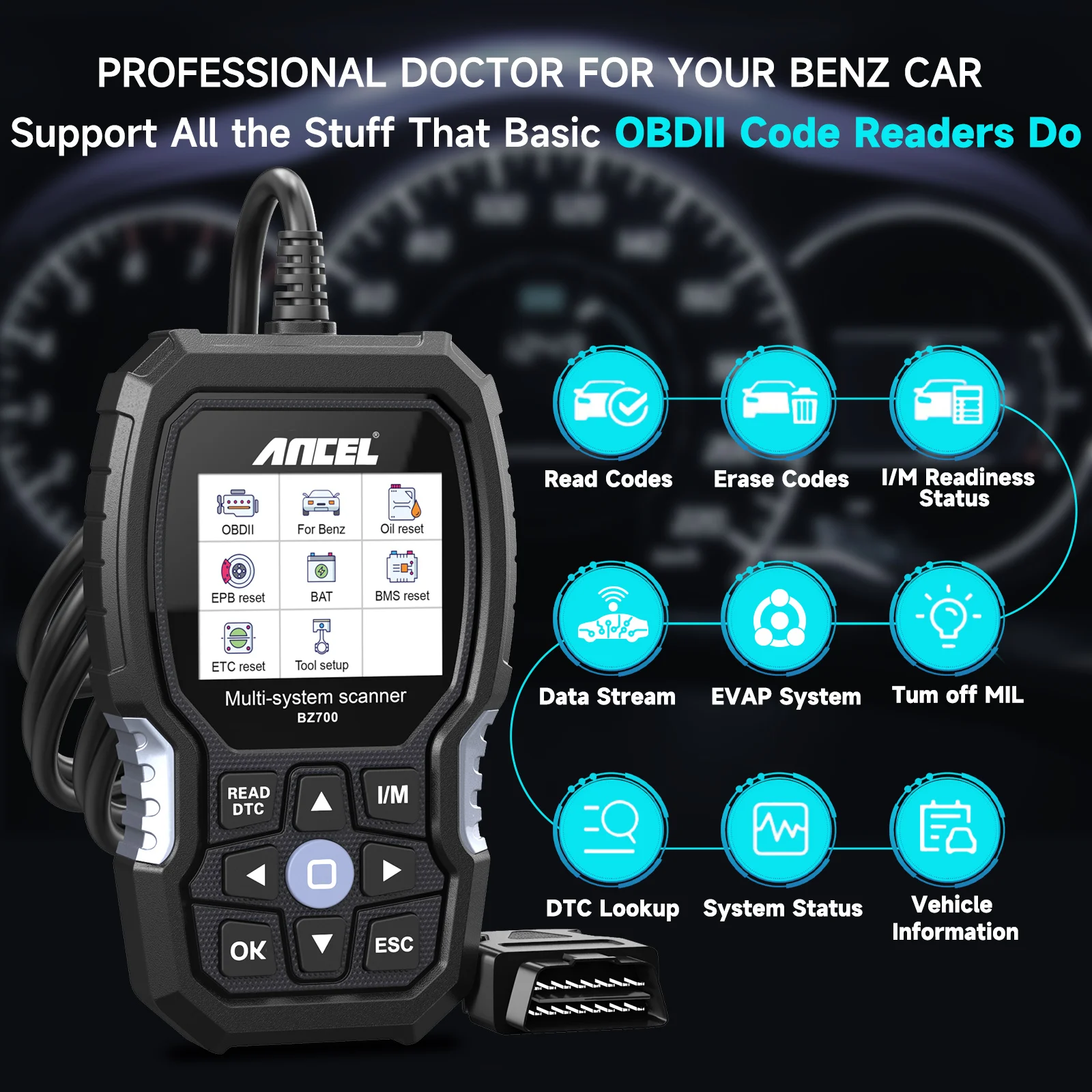 ANCEL BZ700 OBD2 Automotive Scanner for Mercedes Benz Sprinter Smart All System ABS SRS SAS Oil Reset Diesel Car Diagnostic Tool