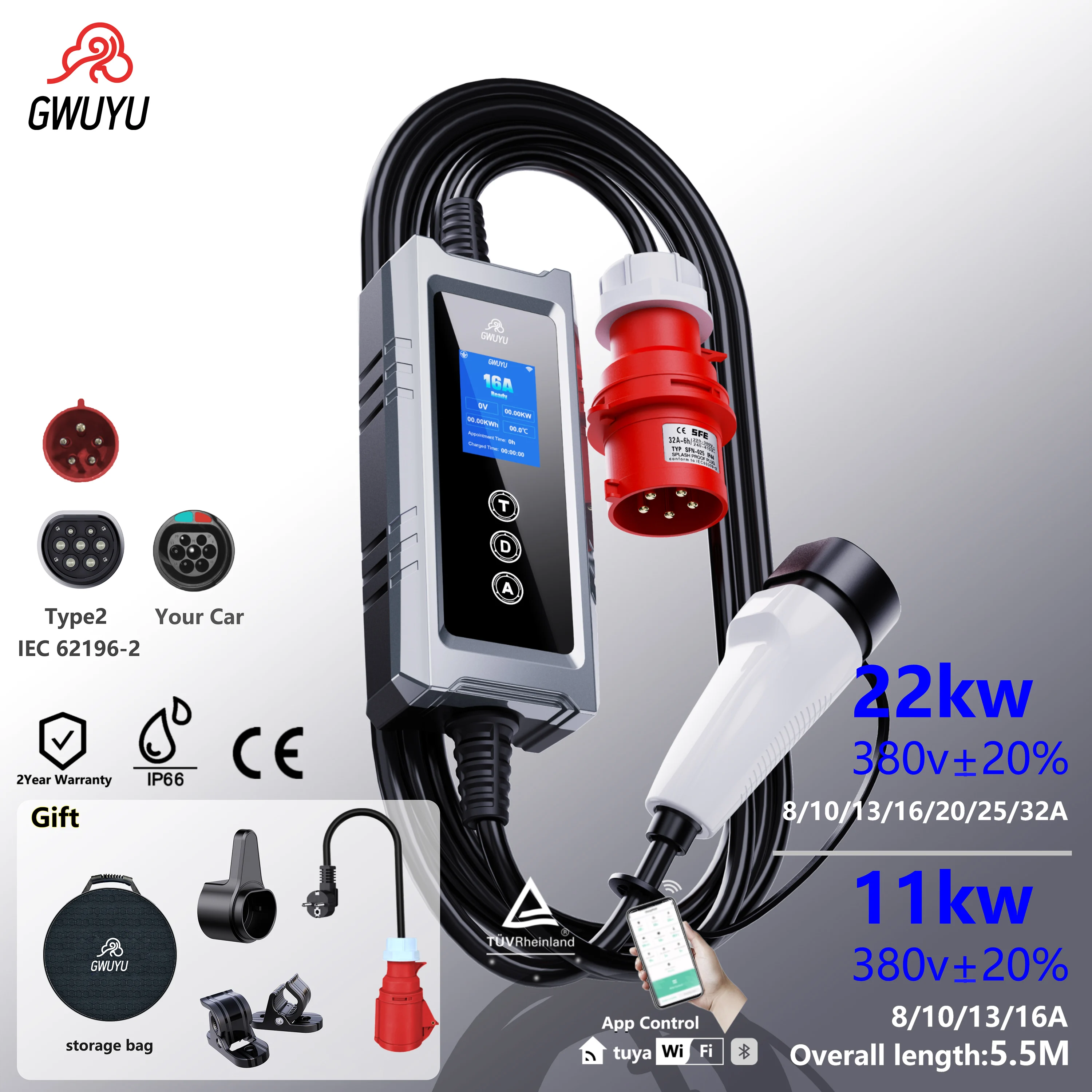 GWUYU 22kw-11kwPortable Electric Vehicle Charger with WiFi App-Controlled LED Display Adjustable 32A Compact EV Charging Station