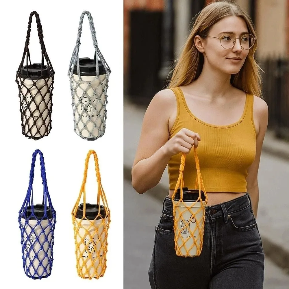1 handgewebte Netztasche, Wasserbecher, tragbare Getränke- und Kaffeetasche, wiederverwendbare Hand-Wasserkocher-Tasche, Getränketasche, dekorative Netztasche