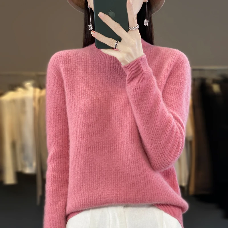 

100% Wool Cashmere Sweater Women's Half High Collar Pullover Casual Knitted Top Autumn/Winter Women's Jacket Korean Fashion