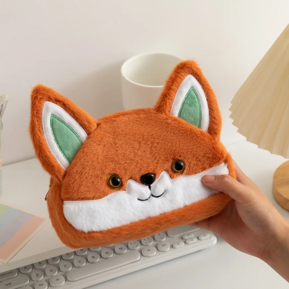 Cartoon Cute Fox Pencil Case borsa per penna in peluche di grande capacità borsa per cancelleria per studenti borsa per l\'organizzazione del Desktop