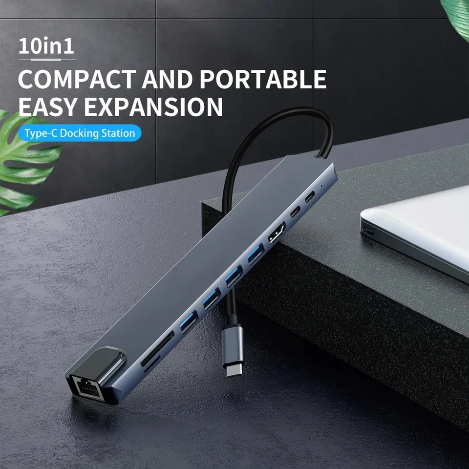 10 in 1 USB C HUB 4K30Hz Docking Station Type C to HDTV-Compatible RJ45 Ethernet PD100W for MacBook iPad Huawei Sumsang Phone