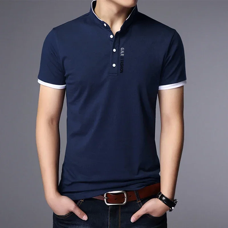 Men's Casual and Fashionable Solid Color Short Sleeved Stand Up Collar T-shirt Summer Versatile and Comfortable Top