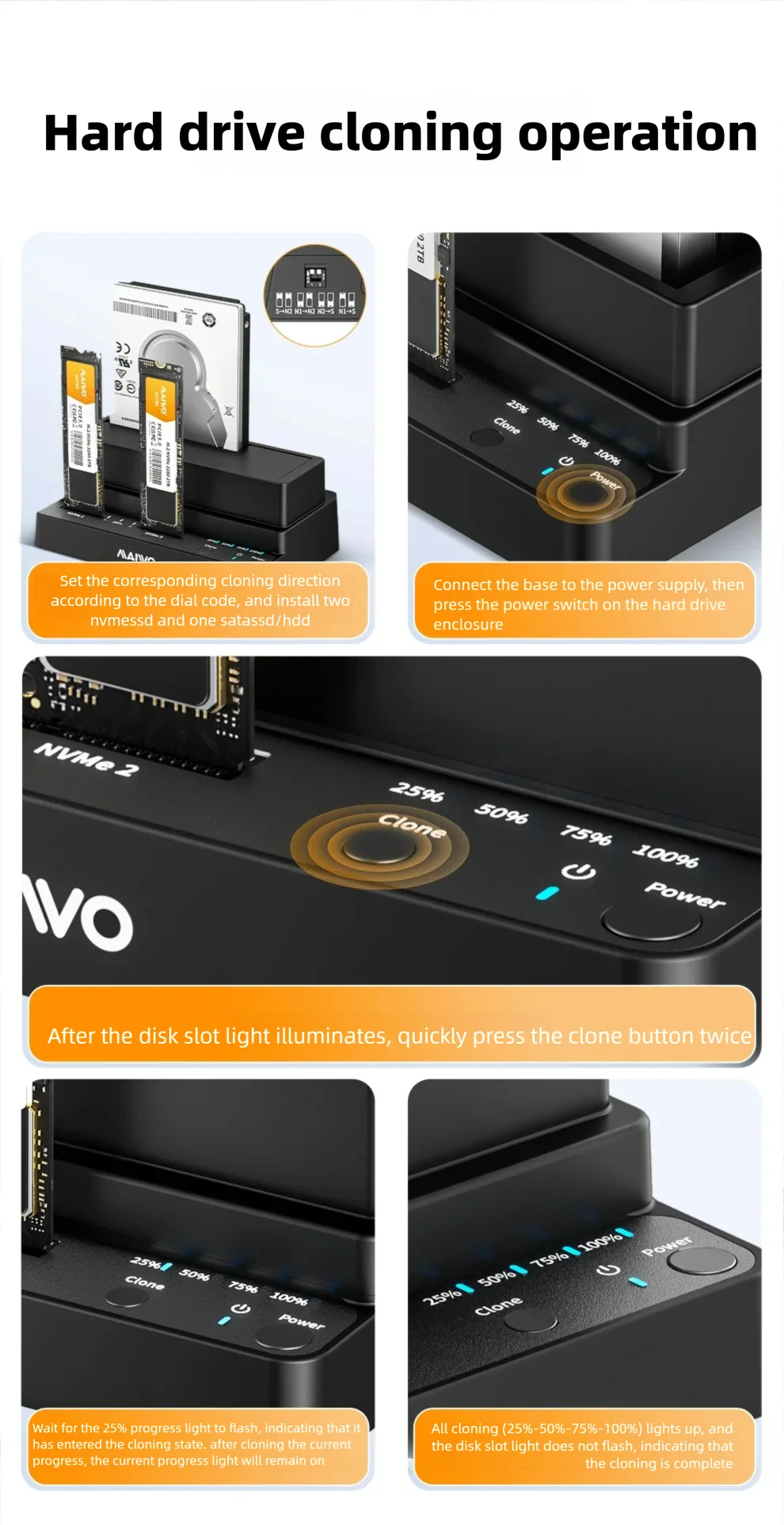 MAIWO 3-Bay Dockingstation Adapter 10Gbps für M.2 NVME SSD & 2,5 3,5 Zoll SATA HDD SSD Unterstützt Offline-Klonen für PC Laptop – Detail 13