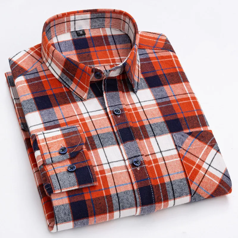 New Spring Autumn 100% Cotton Flannel Plaid Mens Shirts Casual Long Sleeve Regular Fit Dress Shirts For Man Clothes 6XL 5XL 4XL