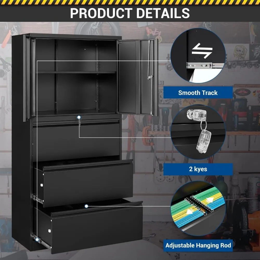 Large Steel Lockable Lateral File Cabinet with Door for Home Office - Secure Storage for Letter and Legal Size Files
