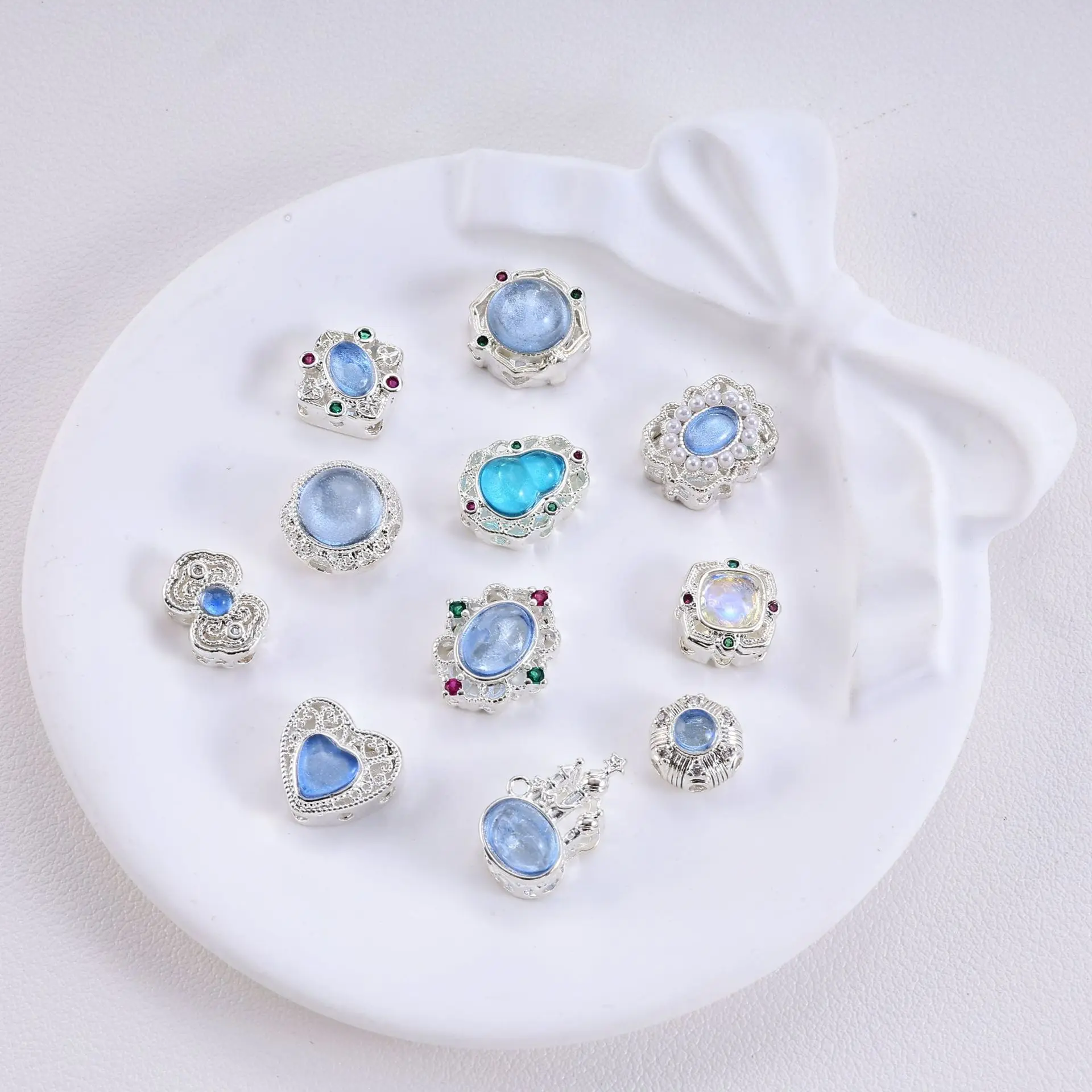 5pcs Copper Plated Silver Multi-pass Inlaid Aquamarine Spacer Beads Diy Bracelet Necklace Beaded Jewelry Accessories Wholesale