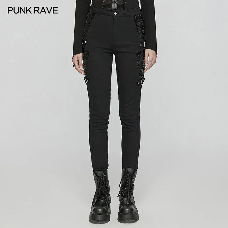 

PUNK RAVE Women's Punk Twill Woven Leggings Skeletons of Patent Leather on Both Sides Handsome Personalized Trousers Streetwear