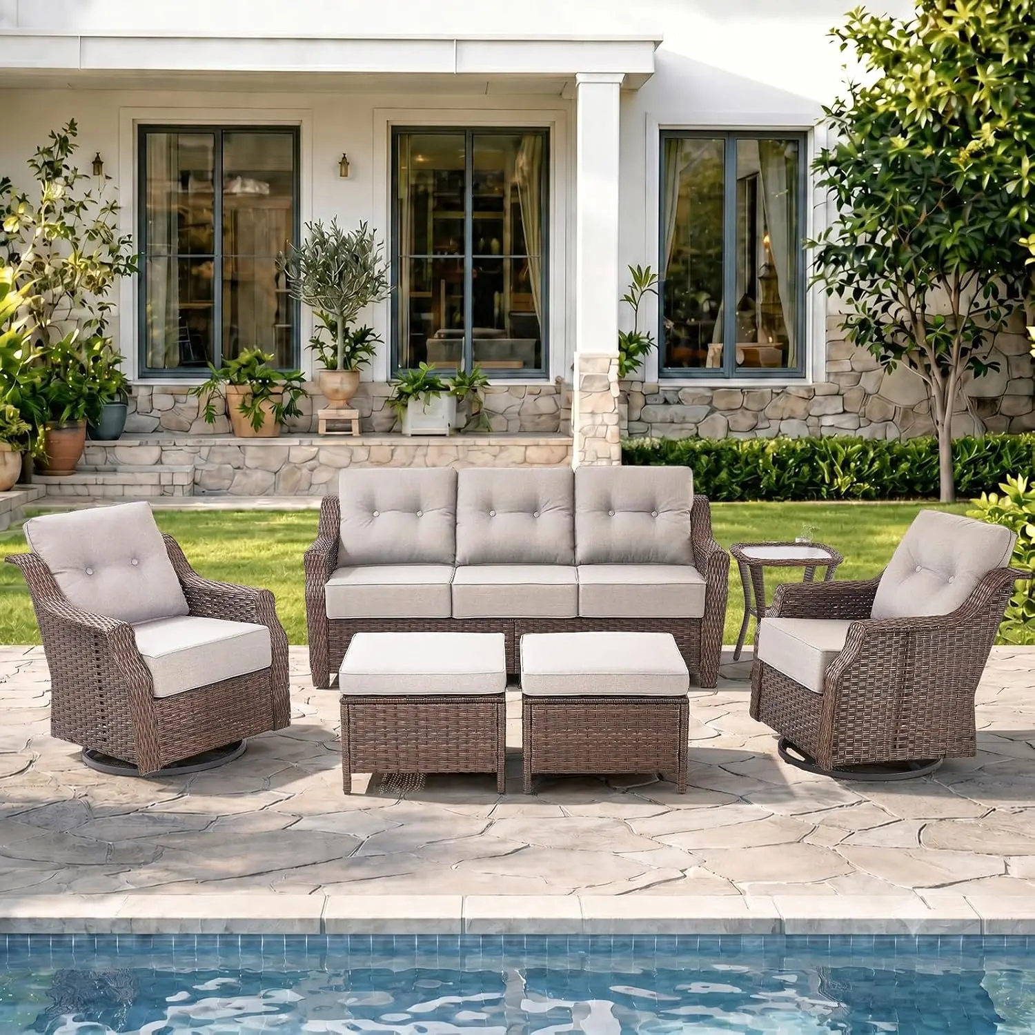 High Back Wicker Patio Furniture Set Swivel Rocker Chairs Sofa Ottoman All-Weather For Deck Backyard, Customized