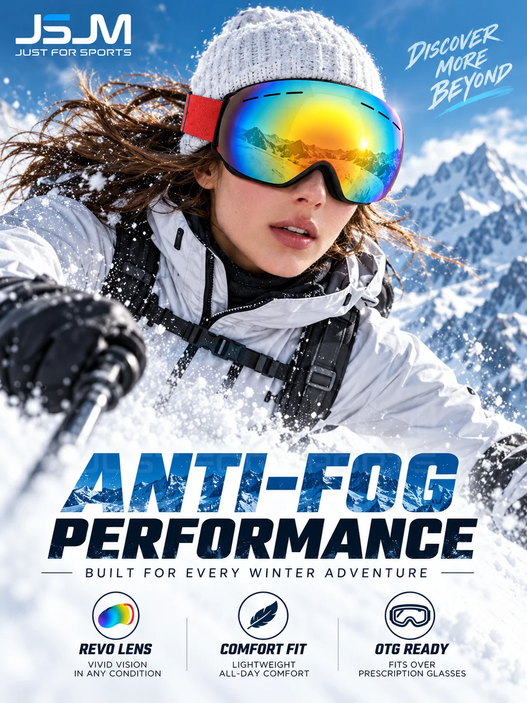 JSJM Professional Adult Ski Goggles UV400 Anti-Fog Double Layer REVO Lens Snowboard Glasses Wide Vision for Men Women XMAS Gifts