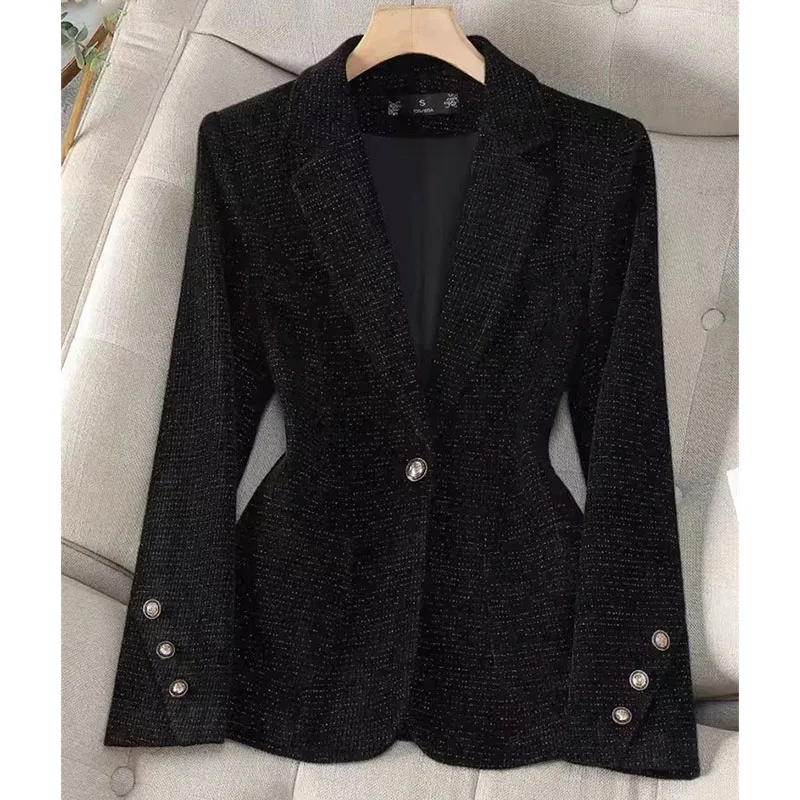 

2025 Women Bright Silk Large Size 5XL Coat Korean Female High-grade Short Blazer Jacket Autumn Ladies Long Sleeves Suit Outwear