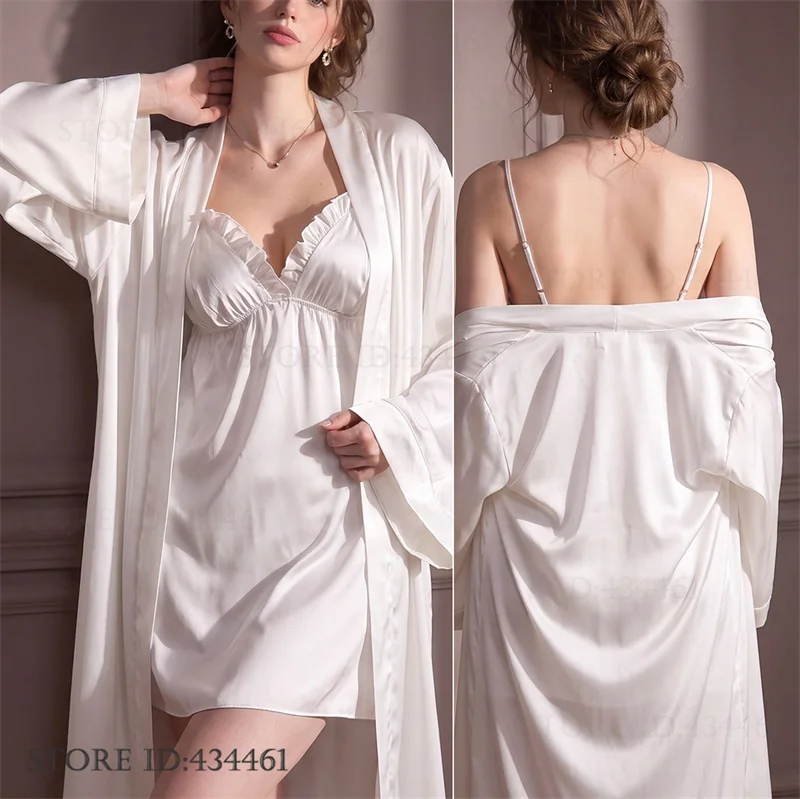 Elegant White Bride Wedding Robe Nightgown 2Pcs Set Sexy Mujer Lingerie Summer New Sleepwear Batrobe Rayon Homewear Loungewear