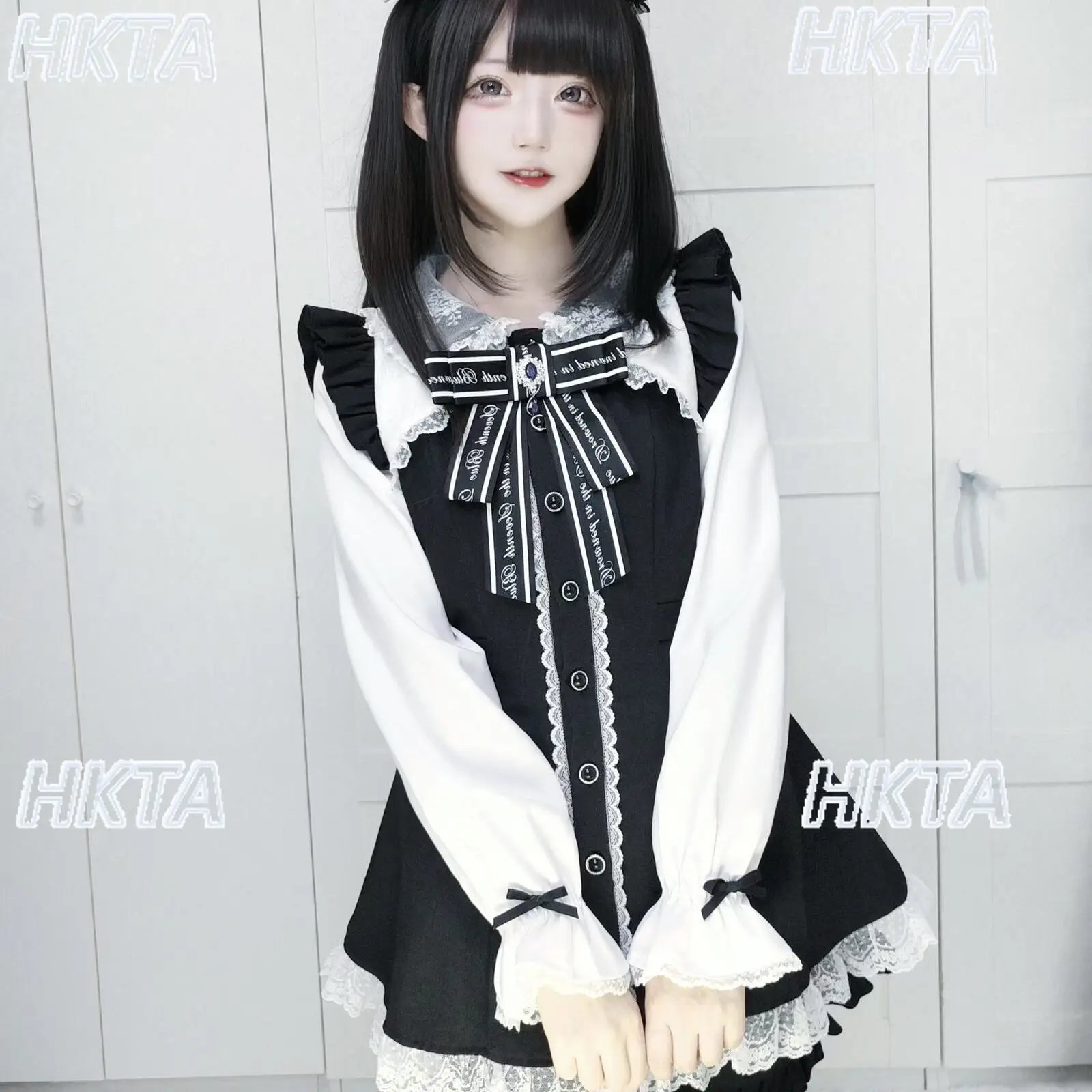Japanese 2026 Summer New Subculture Y2k Goth Lace Doll Collar Petal Long Sleeve Bow Sweet Lolita Dress Black Shorts Sets Women view 4
