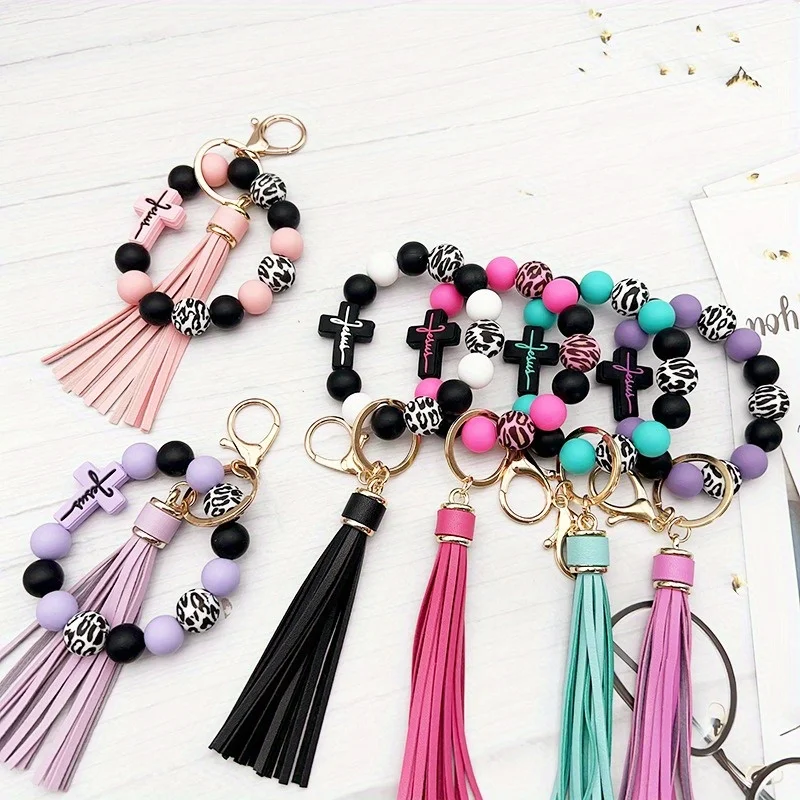

Cross Silicone Bead Tassel Bracelet Keychain Fashion Bag Pendant Car Key Anti Lost Hanging Casual Commuting