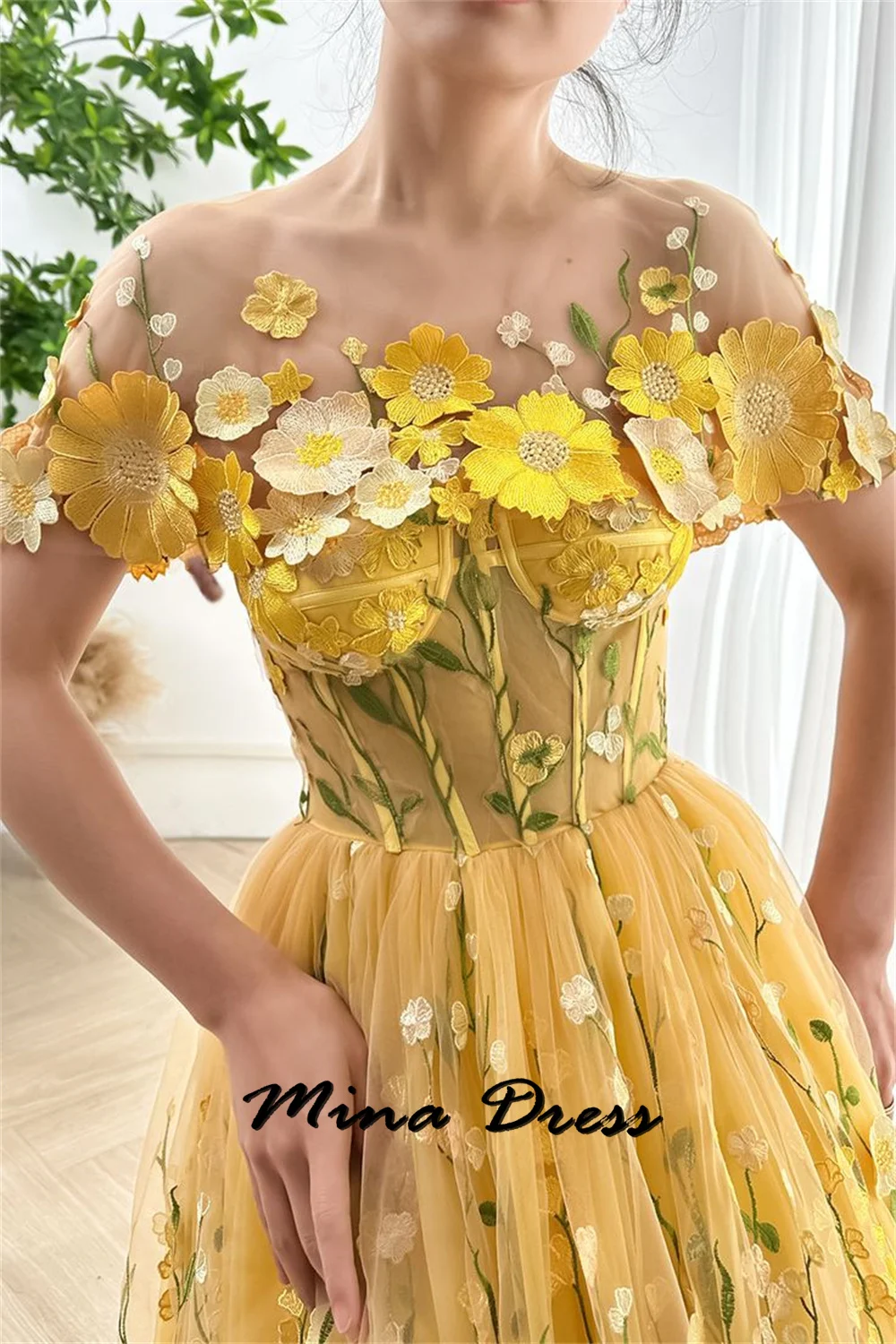 Mina-Yellow Flower Sticker A-shaped Ball Dress Elegant Detachable Shawl and Ankle Length 2024 Summer Fashion