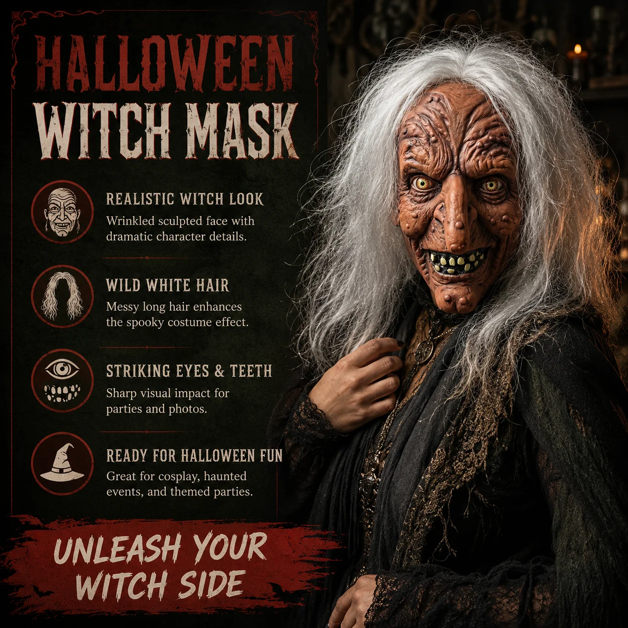 Realistische Latex-Alterfrauenmaske Gruselige Hexenmaske Unheimliche Oma Vollkopf-Gesichtsmaske mit Weißem Haar Horror Cosplay Halloween-Party-Kostüm – Detail 10