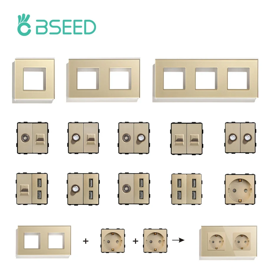 BSEED EU Glass Panel and PC CAT5 Internet USB Sockets ST TV Function Parts Power Outlets Wall Mounted DIY Free Combination