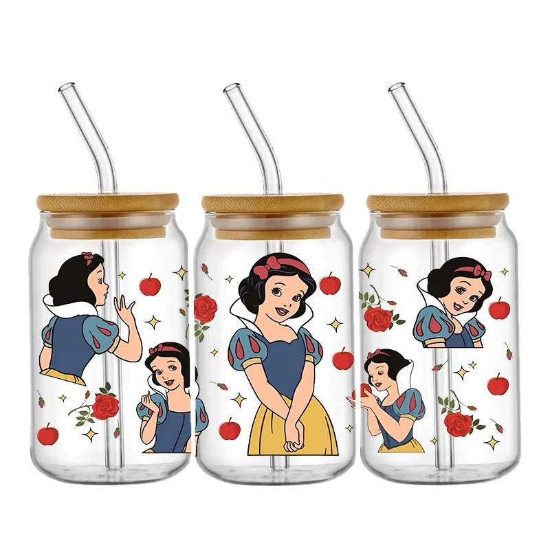 White Snow Princess Love Pattern UV DTF Transfer Sticker Waterproof Transfers Decals For 16oz Glass Cup Wrap Stickers