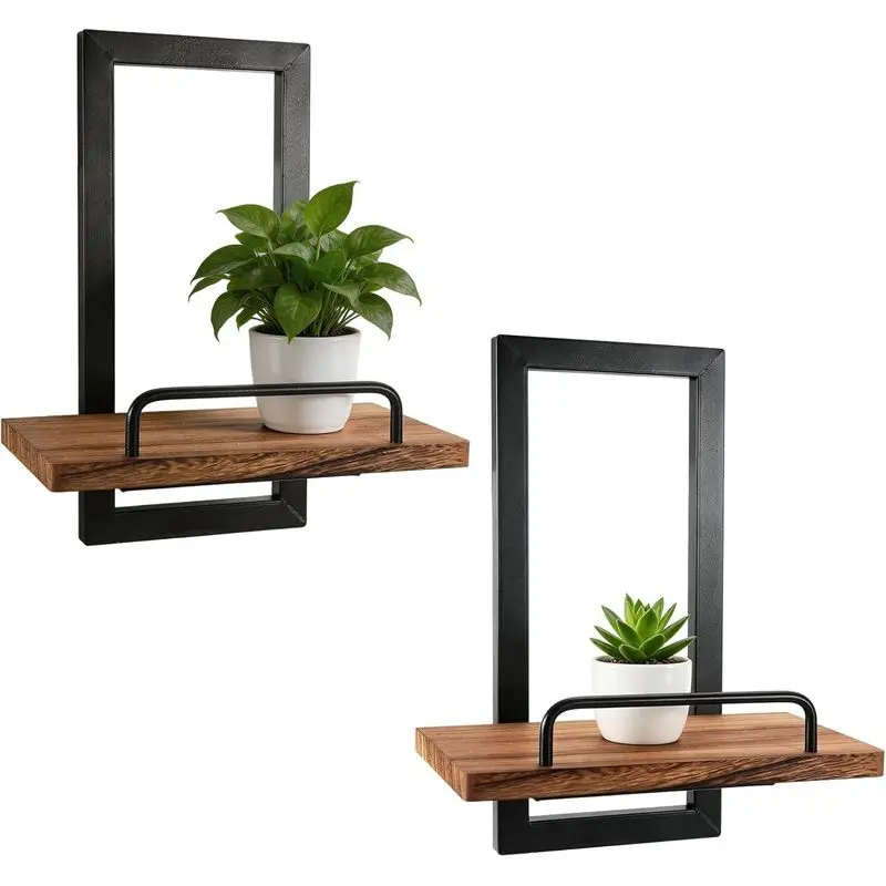  Wall-mounted metal floating shelves,A plant shelf with a guardrail,A rustic-style wooden hanging display stand,Suitable for Ba