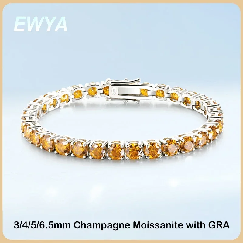 EWYA Luxury Real 3/4/5/6.5MM Full Champagne Blue Green Moissanite Tennis Bracelet for Men Women S925 All Red Diamond Bracelets