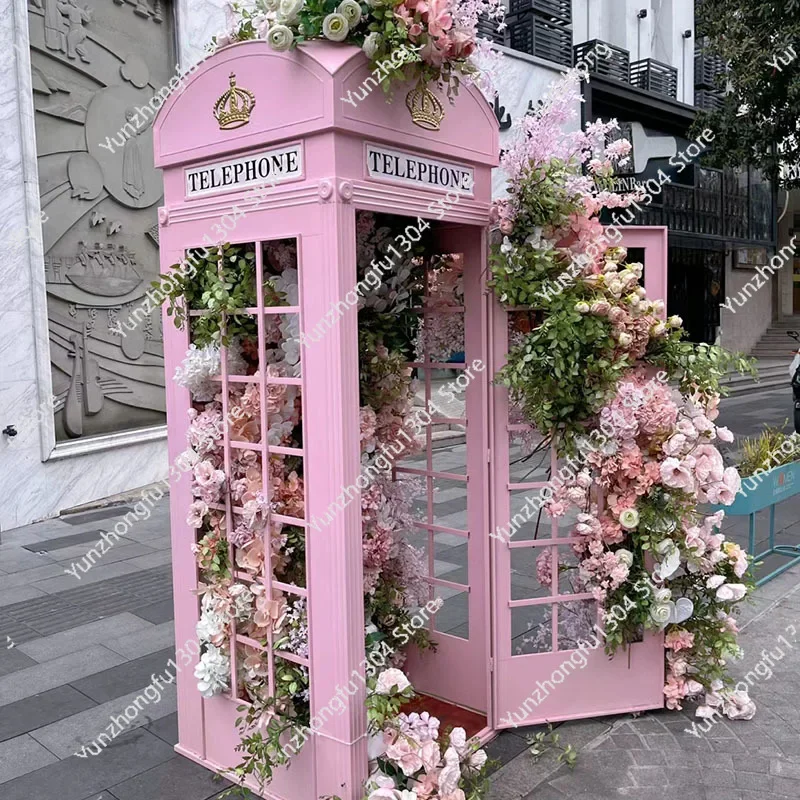 Hot sale New Art Installation british telephone phone booth antique pink floral london telephone booth