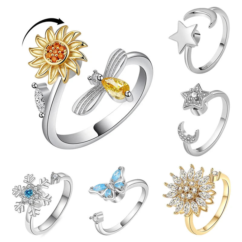 925 Sterling Silver Ring For Women Adjustable Spinner Anti-Stress Flower Star Rings Designer Jewelry Birthday Gift Wholesale