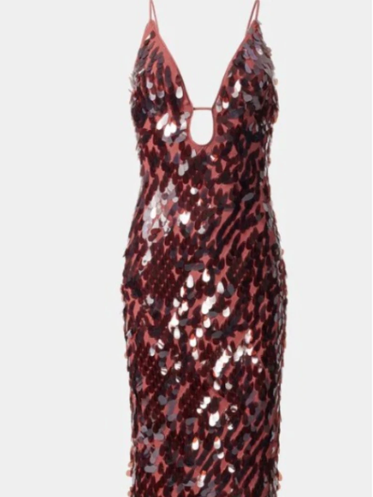 Sexy Deep V-neck Backless Spaghetti Straps Big Sequins Long Formal Evening Dress