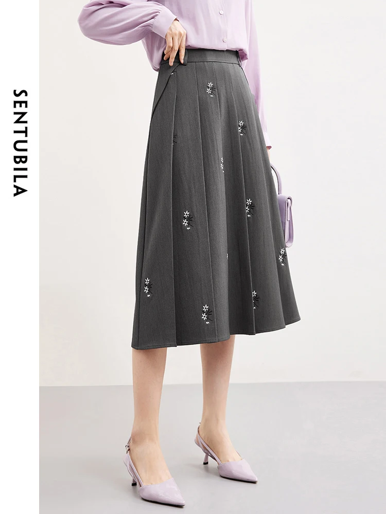 

SENTUBILA Embroidery Pleated Skirt for Women 2024 Spring Autumn Fashion Elegant A-line Midi Skirt Womans Clothing 141Q53077