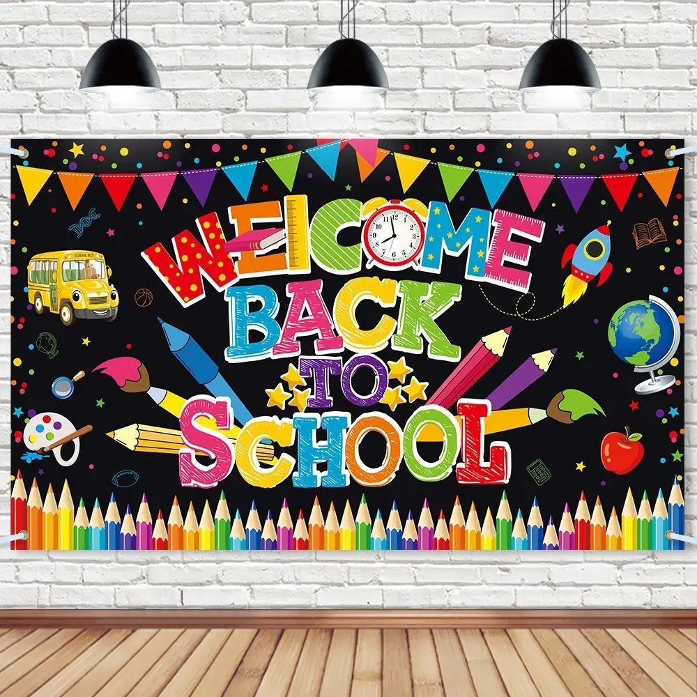 Bannière de retour à l'école pliante de dessin animé, toile de fond de bienvenue festive, décorations de confrontation scolaire, décor de fête d'anniversaire pour enfants
