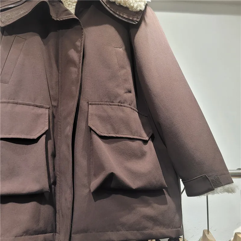 2025 Winter Women's Retro Army Green Plush Patchwork Big Lapel Parka Loose Casual Thickened Warm Winter Coat Jackets for Women
