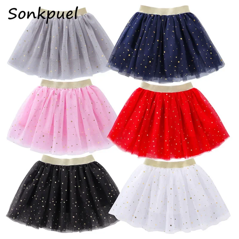 Fashion Kids Girls Mesh Skirts Princess Pretty Stars Fluorescence Floral Pleated Tutu Embroidery Girl Lace Faldas Dance Clothes