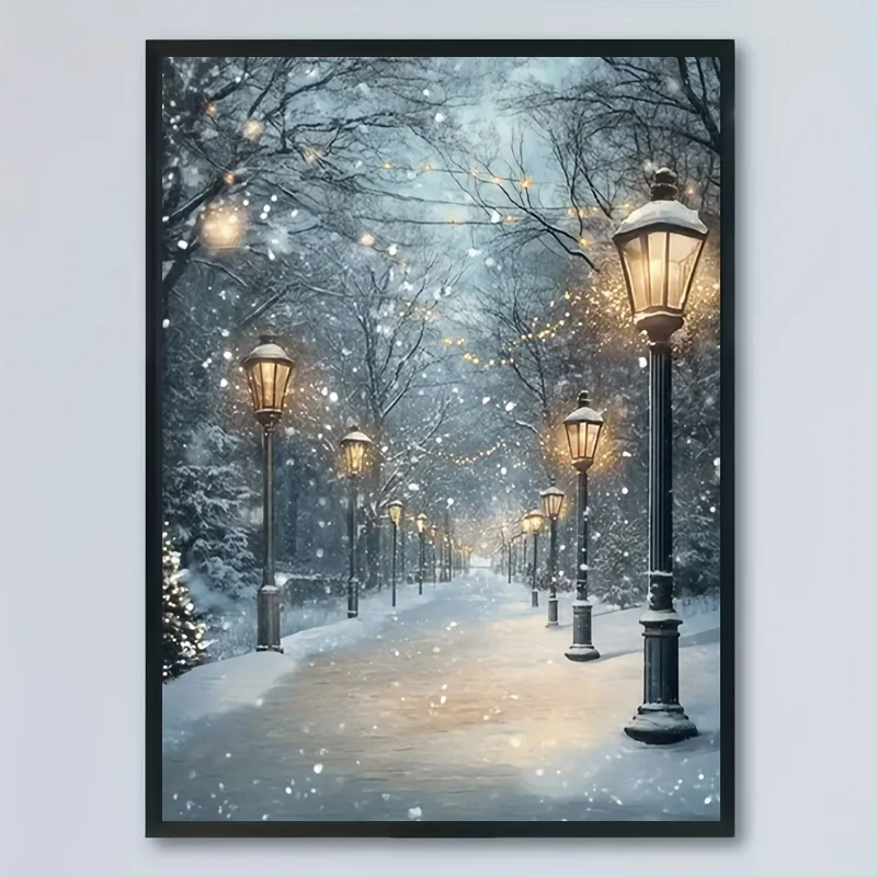2027,Product Image 1pc Frameless Canvas 1pc Winter Wonderland, Street Snowscape And Streetlight Printed Canvas Poster, Wall A