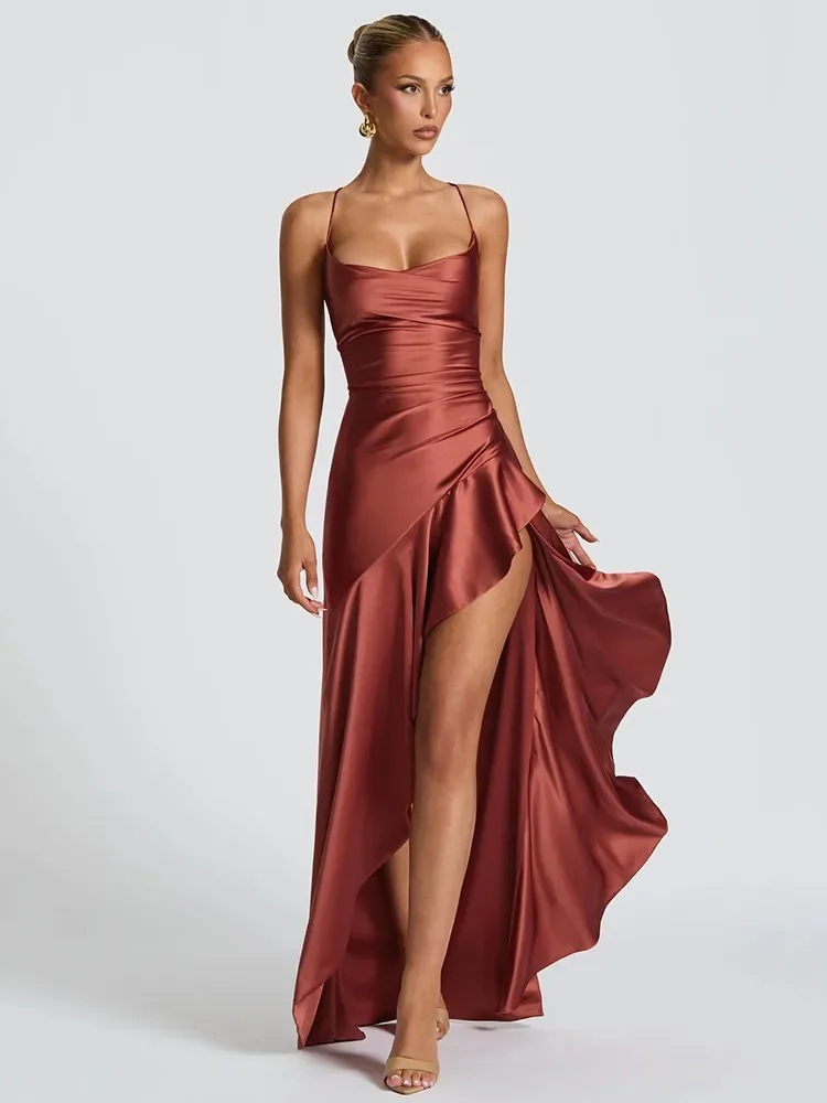 

Elegant Spaghetti Strap Satin Split Maxi Dress Women Sexy Backless Bodycon Party Evening Dress Summer Holiday Beachwear