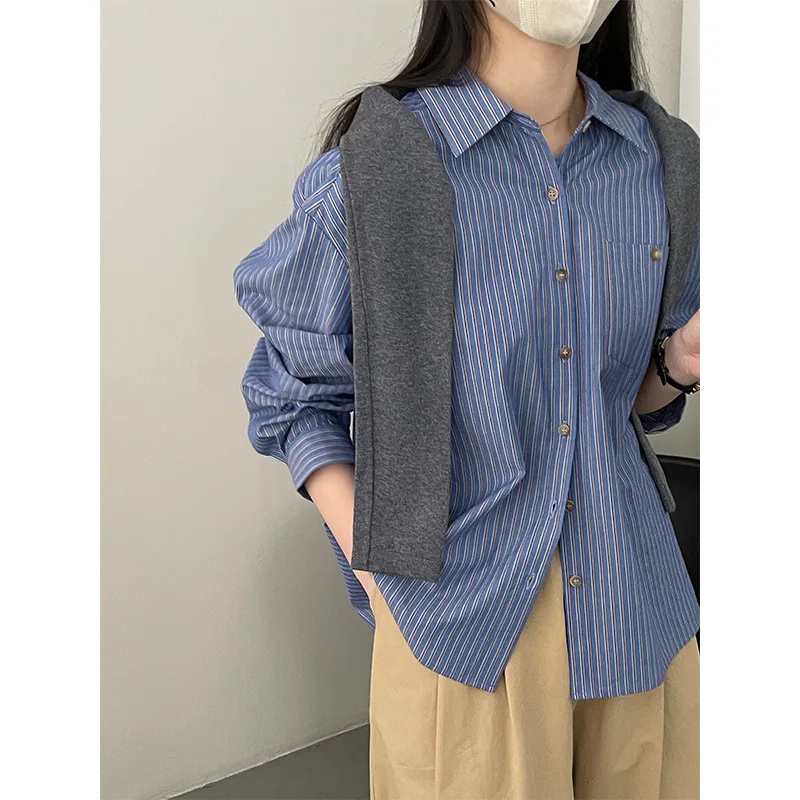 Japanese Style Artistic Blue Striped Shirt, Women's Classic Versatile Loose and Slimming Korean Version Long Sleeved Top