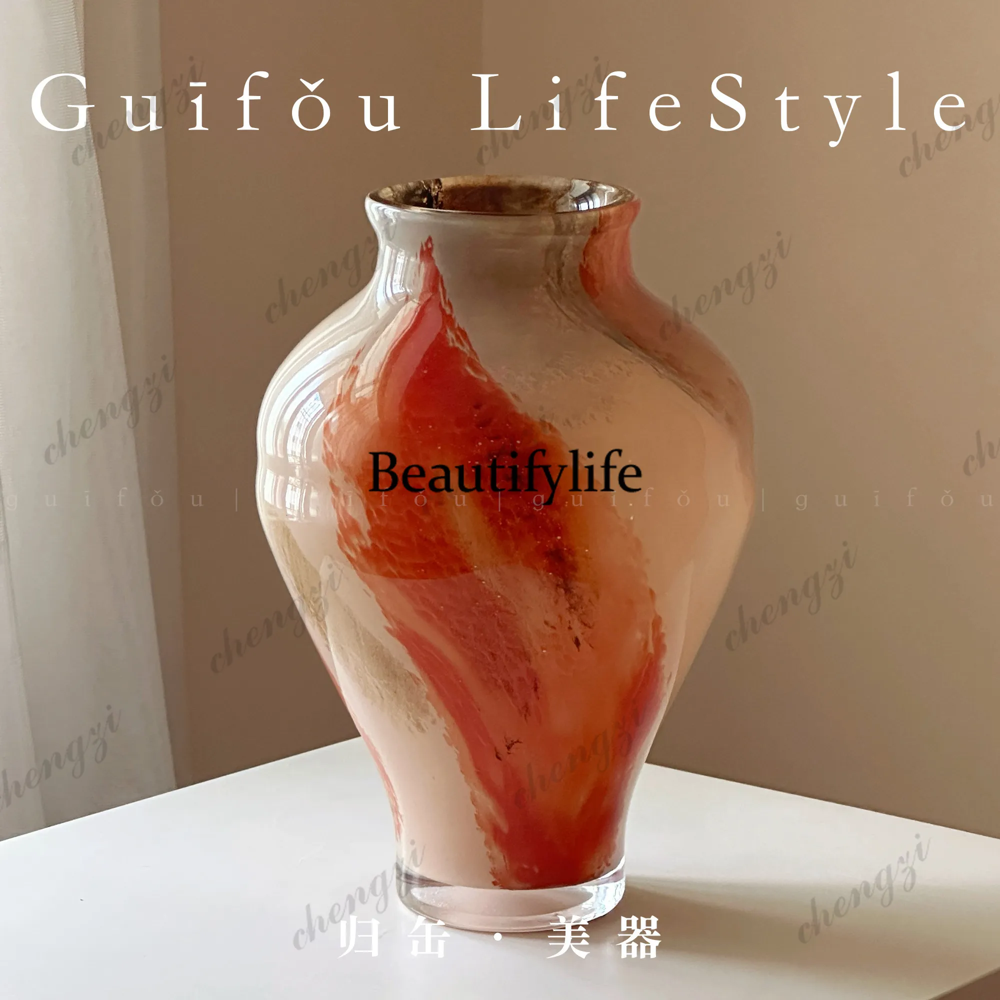 New Chinese peony big belly vase glazed high-end design light luxury ornament