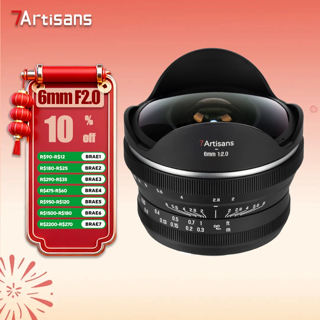 7artisans 6mm F2.0 APS-C Frame Fisheye Lente de câmera para fotografia estrelada com Sony E Canon RF Nikon Z Fujifilm XF M43-mount