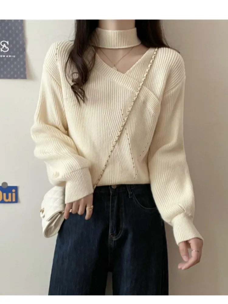 فضفاض ort محبوك سترة المرأة لون نقي أعلى فانوس Sve غير المتكافئة طوق الكورية Sle الخريف Faion لباس غير رسمي #5