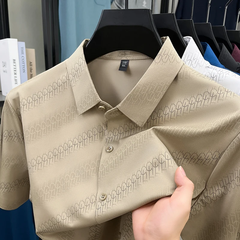 

Ice Silk Cool Short Sleeved Shirt for Men in Summer, Thin Elastic Shirt with Diagonal Stripes, Casual Men's Half Sleeved Shirt