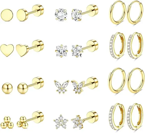 Hypoallergenic Surgical Steel Earrings for Sensitive Ears 14K Gold Flat Back Stud Hoop Cartilage Earring Set Multiple Piercing