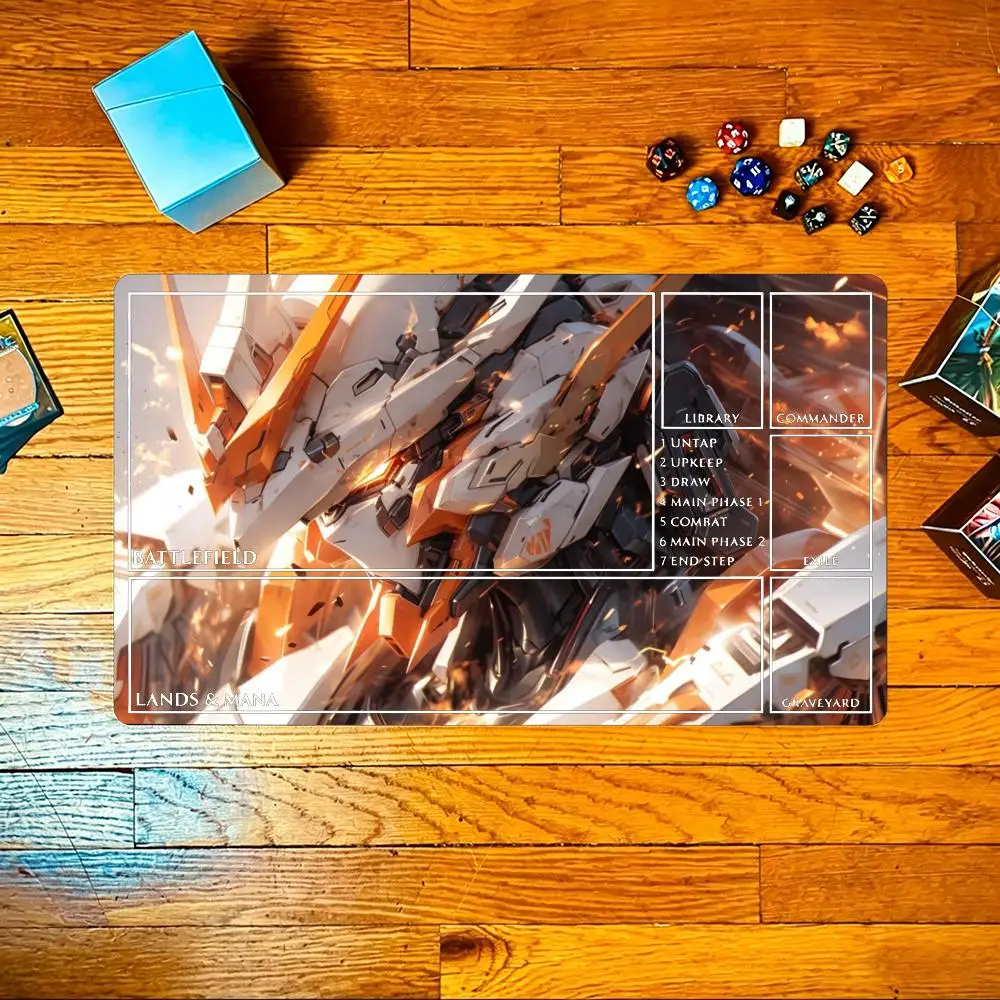 Sci-Fi Orange White Robot Mecha Battle TCG Playmat 35X60CM Three Templates Available Stitched Large Non-Slip Card Duel Table Mat